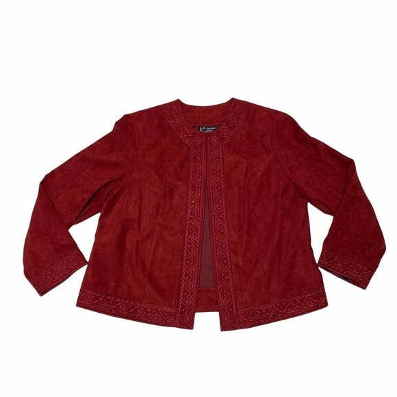 K Woman Red Faux Suede Embellished Open Jacket - Picture 6 of 12